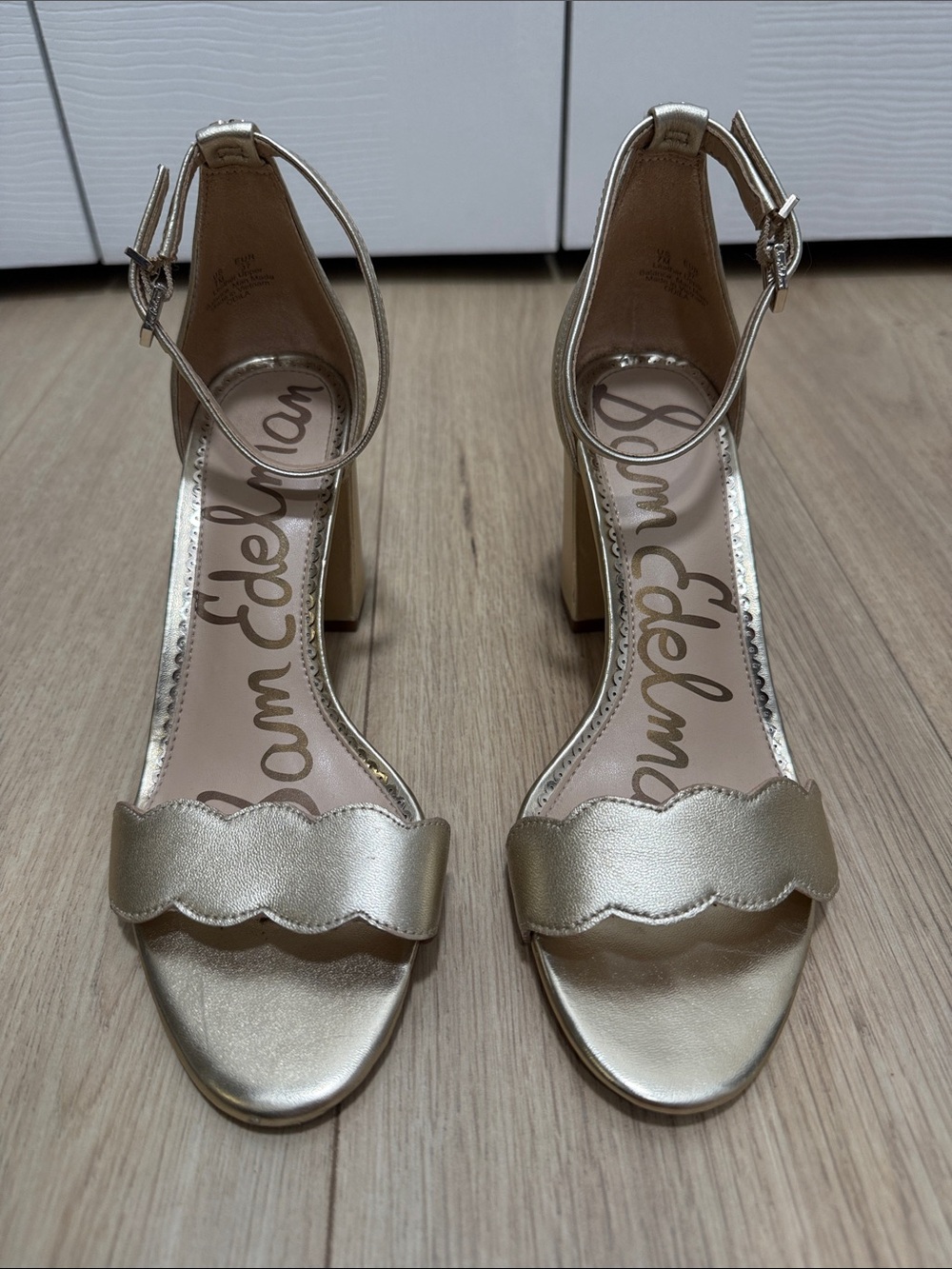 Sam Edelman Metallic Gold Scalloped Ankle-Strap Block Heels